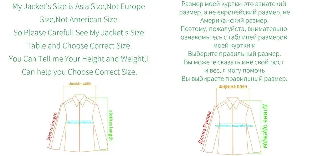 Simples Market leather fur jacket size guide diagram showing shoulder width, chest, length, and sleeve measurements.