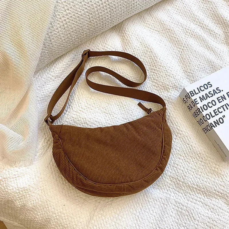 Hobo shoulder bag in brown corduroy with a long crossbody strap