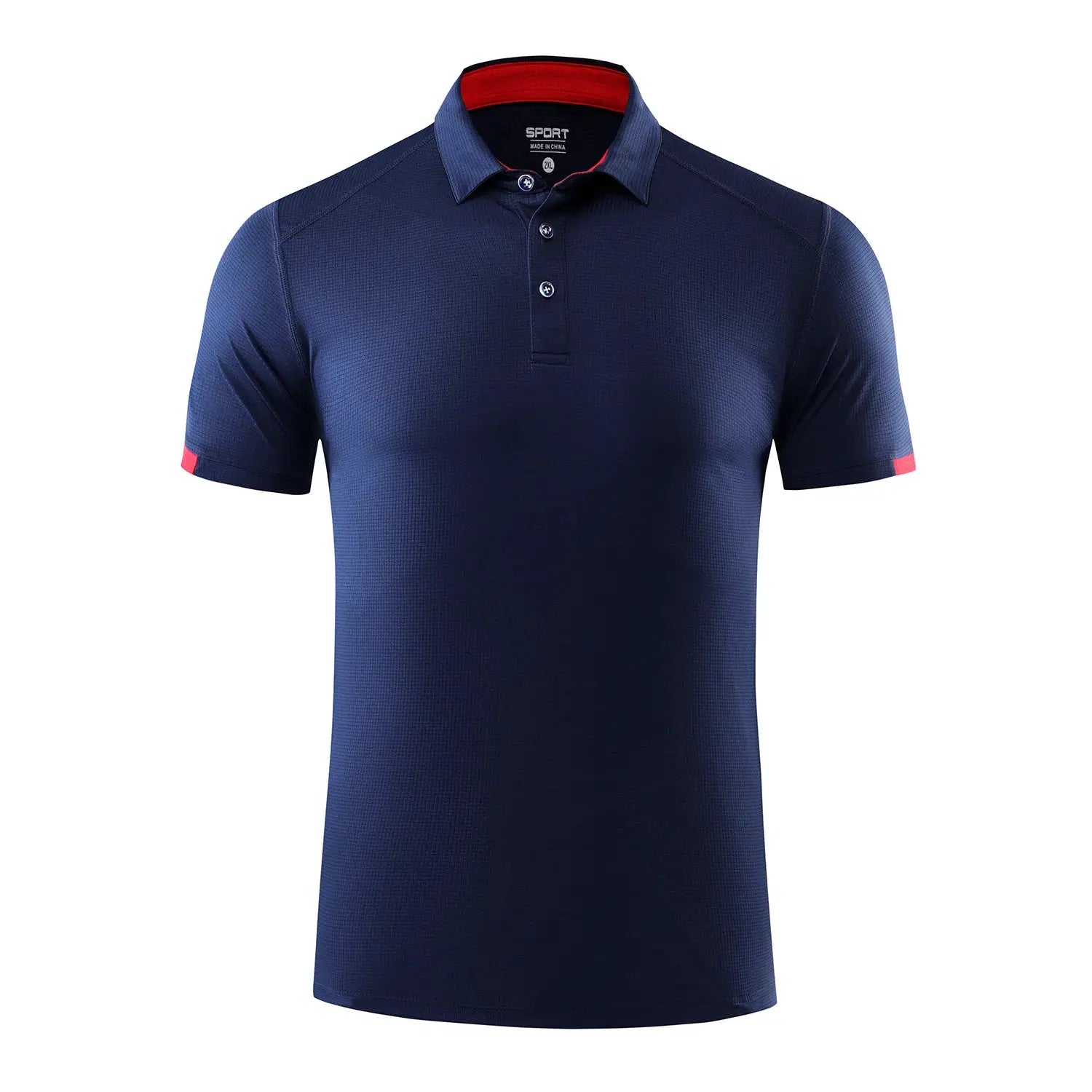 Polo shirt, navy blue quick-dry fabric with red collar trim and short sleeves.