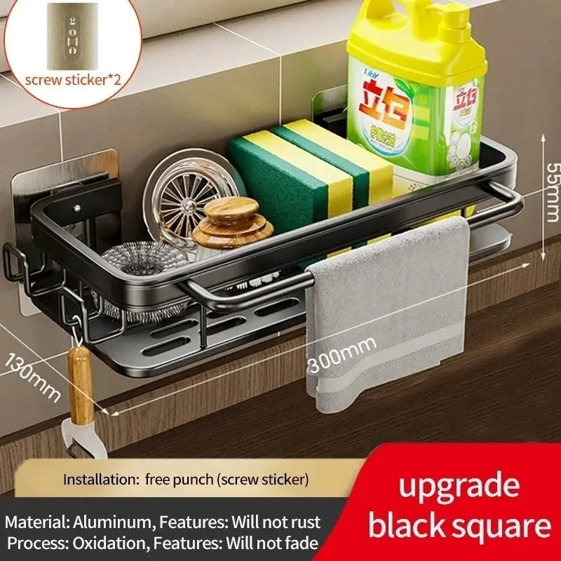 Multi-functional kitchen shelf and drying rack by Simples Market, black aluminum, no-drill wall-mount with towel bar