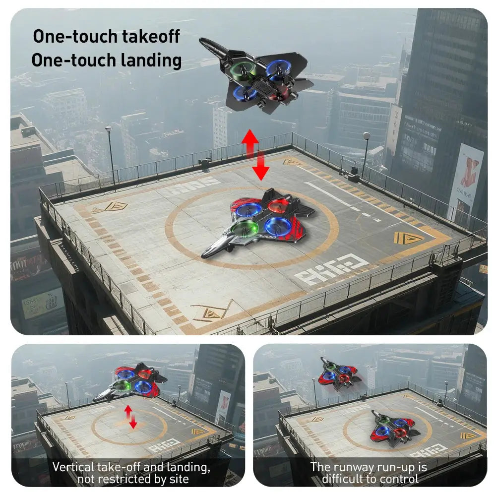 E72 High foam UAV quadcopter by Simples Market with LED lights; two drones on rooftop helipad.