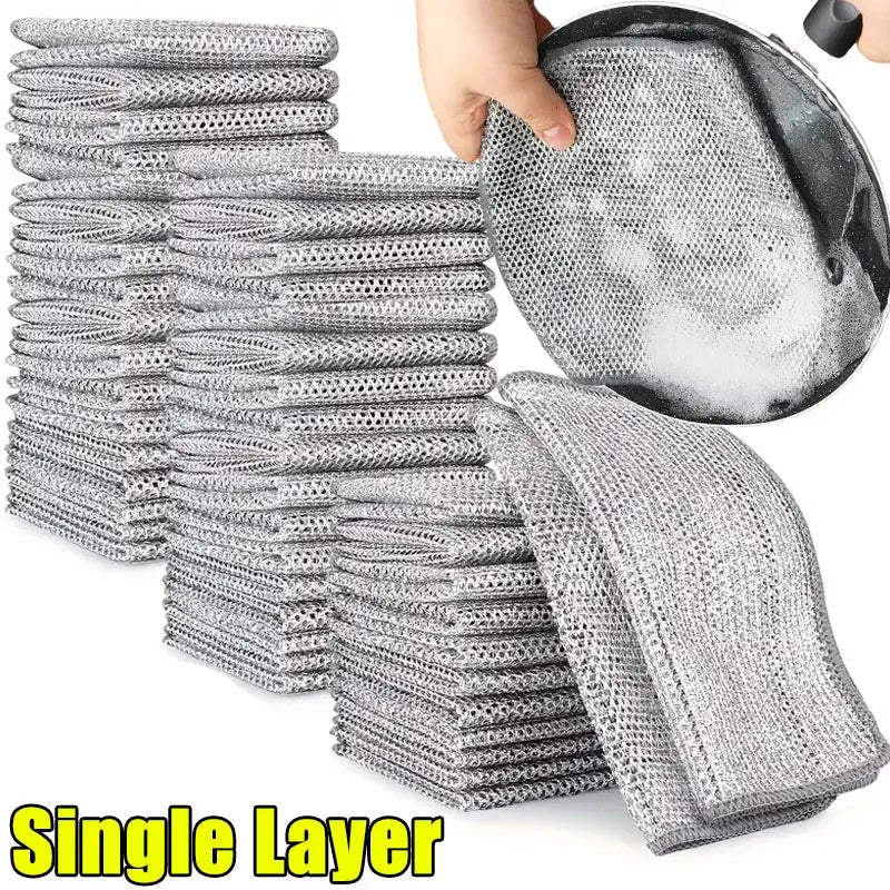 Simples Market stainless steel wire scrub pads stacked for pot and pan cleaning; single-layer kitchen scrubbers