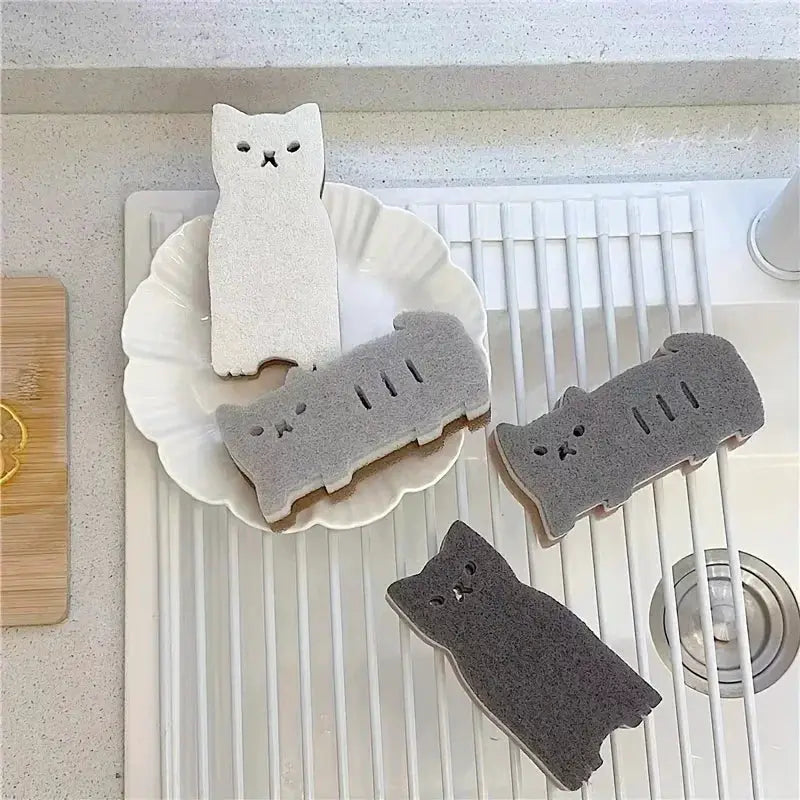 PurrfectEase 4 Piece Thick Durable Cat Shaped Kitchen Sponge Set For Tough Dishwashing And Mess Free Cleaning