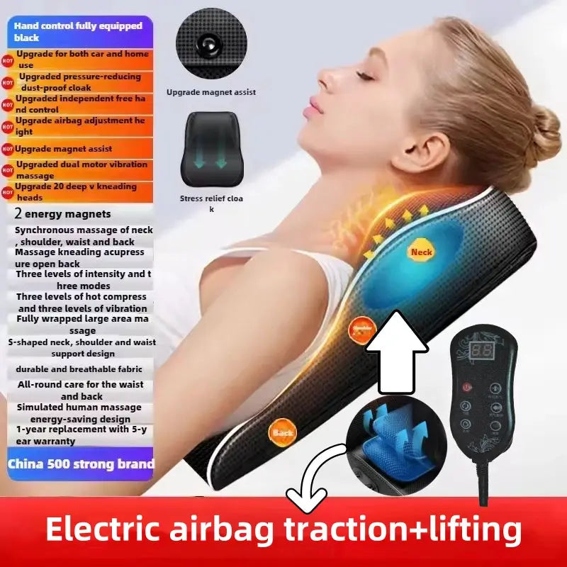 Electric cervical neck massager pillow with airbag traction, heating and vibration in black with remote control