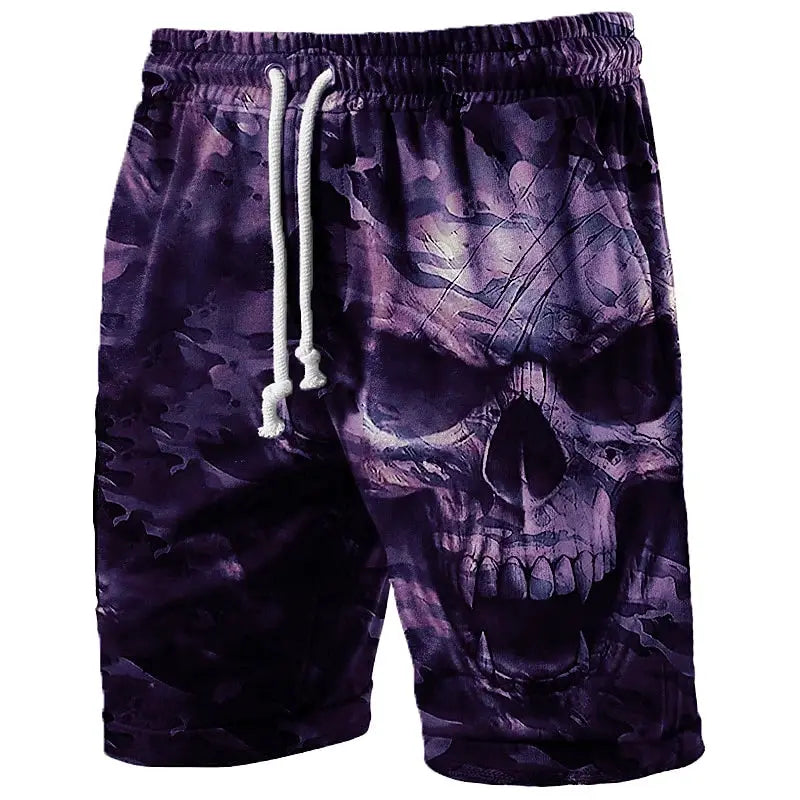 Trend Skull Graphic Beach Shorts for Men by Simples Market, purple 3D print, drawstring waist, breathable swim trunks