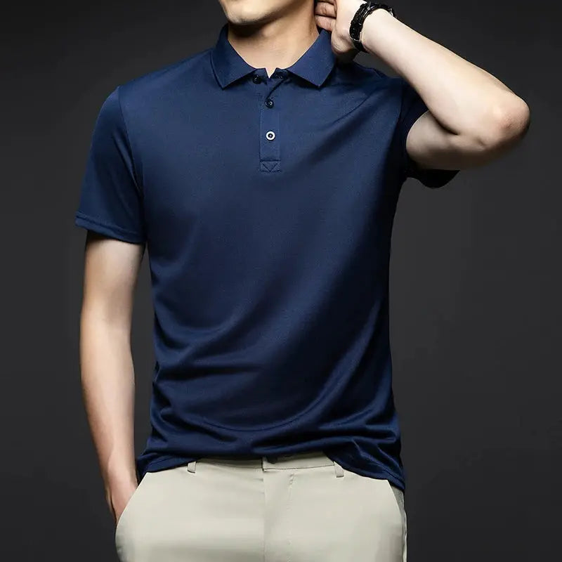 Men's solid navy polo shirt, short sleeves with polo collar, breathable fabric