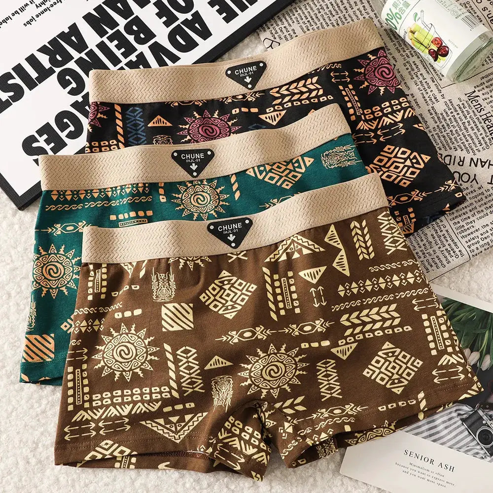 3-pack women's cotton panties with vintage print and beige elastic waistband; teal, brown, and black sets with CHUNE logo.