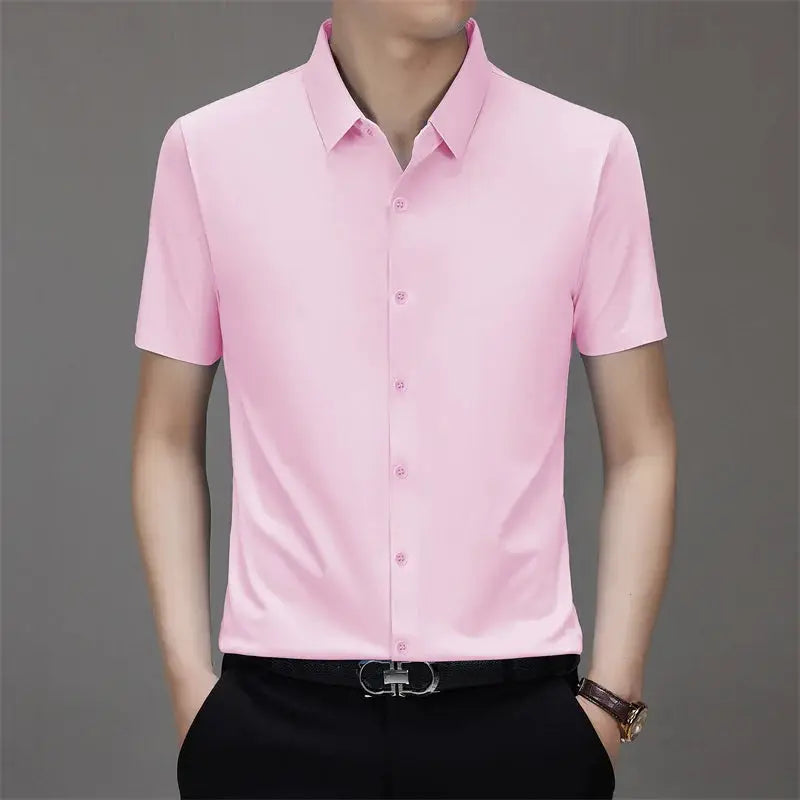 Men's light pink solid-color short-sleeve shirt by Simples Market, versatile business casual top