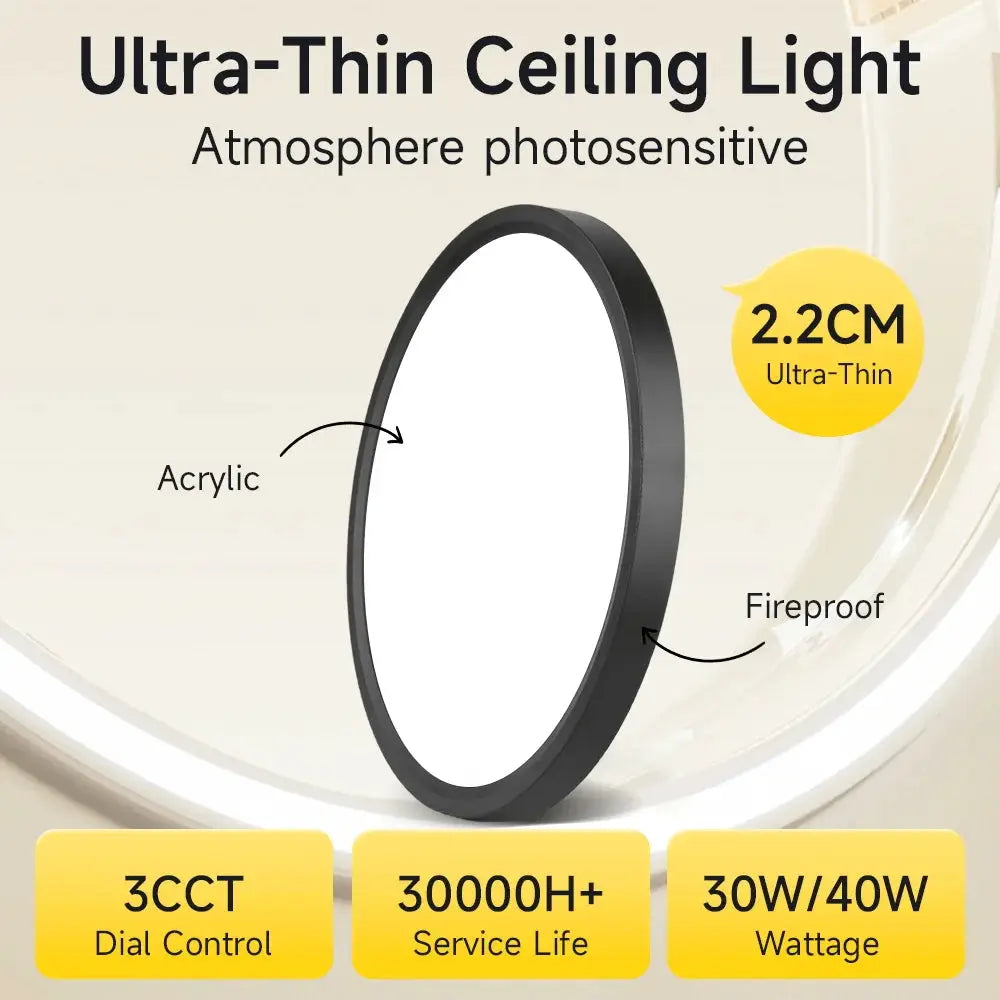 Ultra-thin LED ceiling light Simples Market, black acrylic panel, 30W/40W, 3CCT dial control