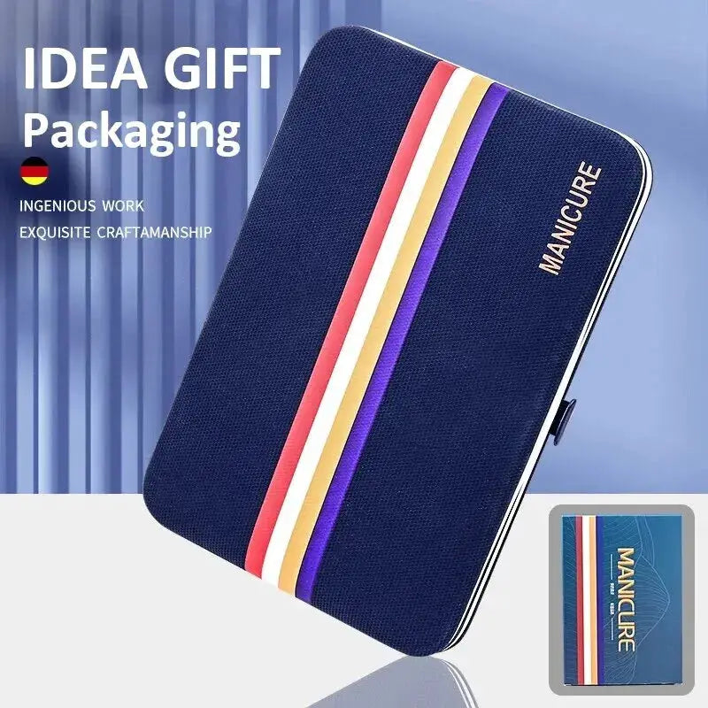 Nail cutter set by Simples Market; stainless steel manicure kit in a navy folding bag with colorful stripes, 9-19pcs