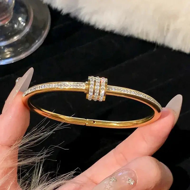 Titanium Steel Bracelet Gold Plated With Zircon Inlaid Classic Simple Style For Womens Daily Wear