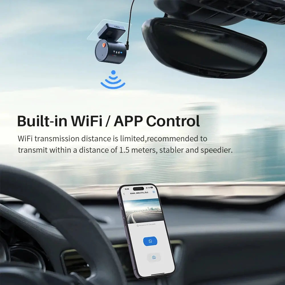 Simples Market 2K KAWA MINI 3 Pro car dash cam, compact black camera with built-in WiFi and app control