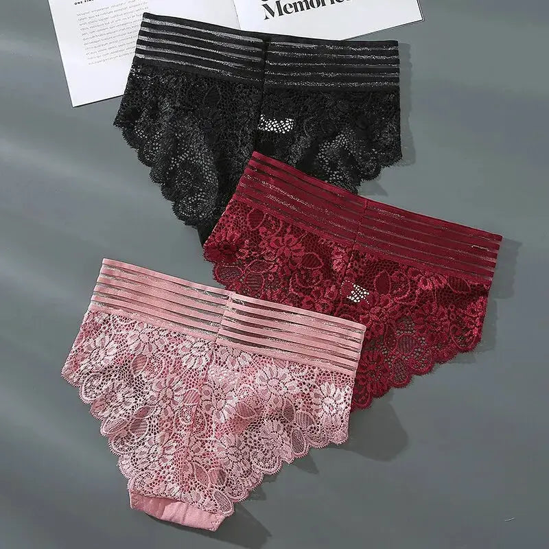 3-piece lace panties set for women in black, burgundy, and pink