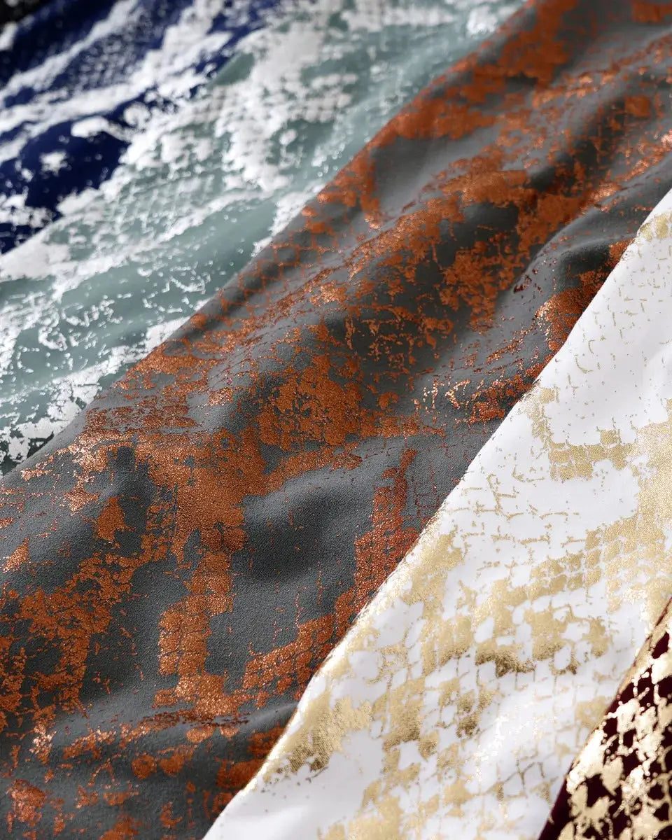 Snake Printed Yoga Pants by Simples Market; metallic copper-gray crackle pattern fabric