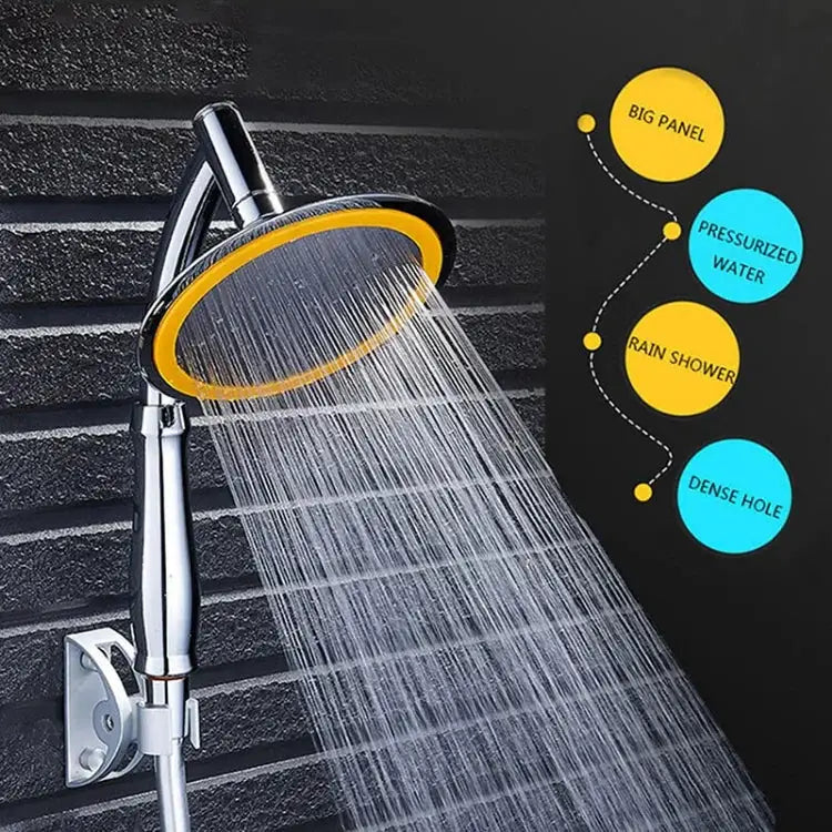 6-inch high-pressure rain shower head with chrome finish and yellow ring, 360° rotation