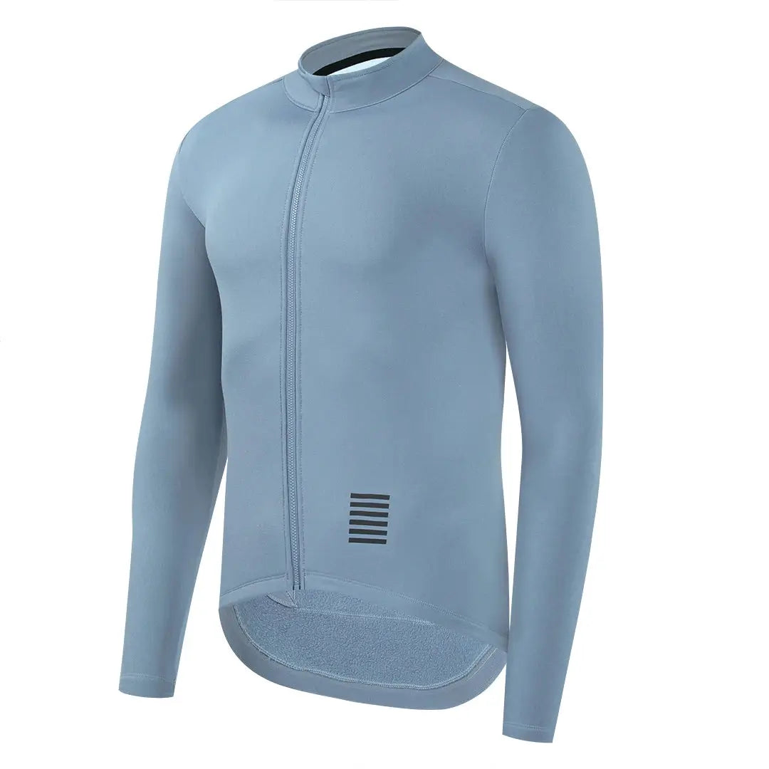 YKYWBIKE men's cycling jersey, light blue fleece-lined long-sleeve with full zip.