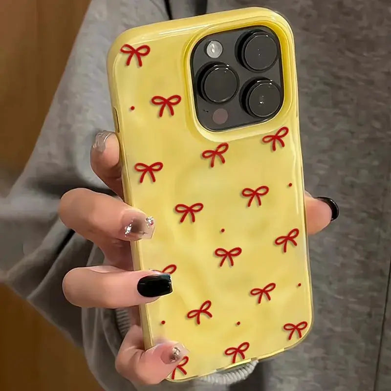 Red Bow Dots Folds Texture Case For iPhone 11 To 16 Pro Max Plus Shockproof Soft TPU Cover