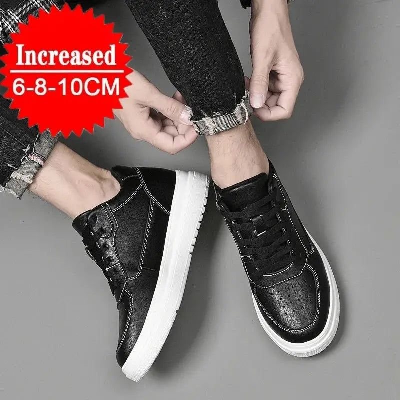 Simples Market men's elevator sneakers in black leather with white sole, height increase 6/8/10 cm
