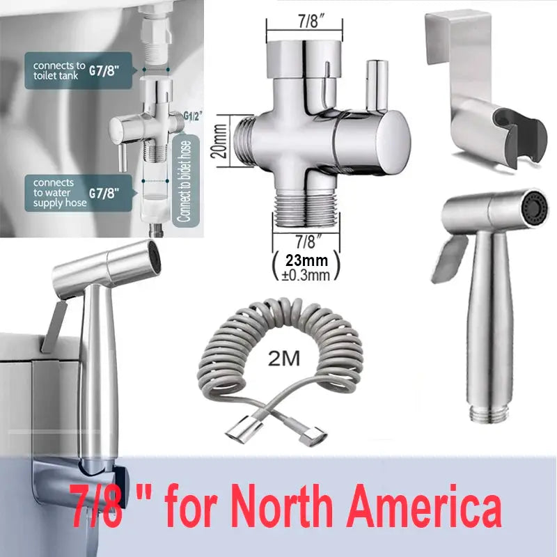 Handheld bidet sprayer kit by Simples Market, stainless steel with 3-way valve and 2m hose
