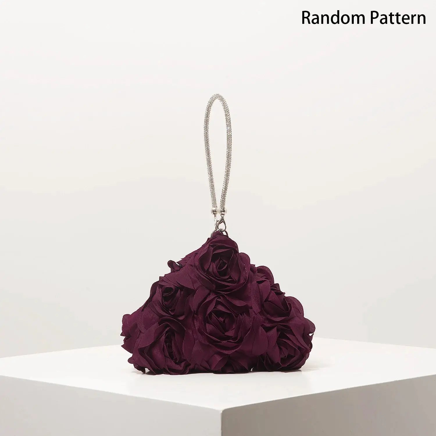 Simples Market mini floral bridal clutch bag with burgundy fabric roses and silver chain
