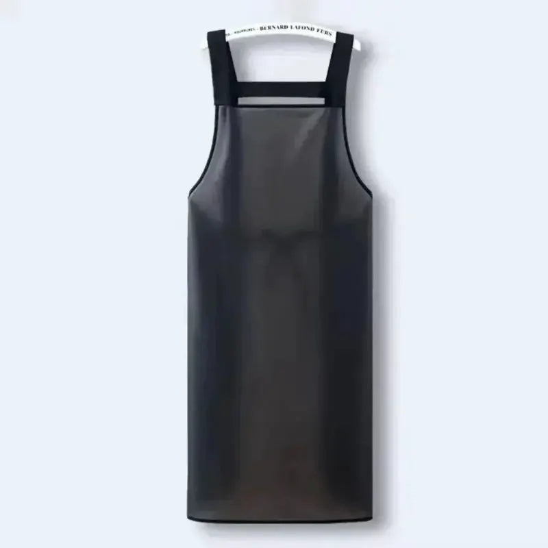 Transparent black PVC waterproof kitchen apron with black straps; oil resistant, dirt-proof, full-length.