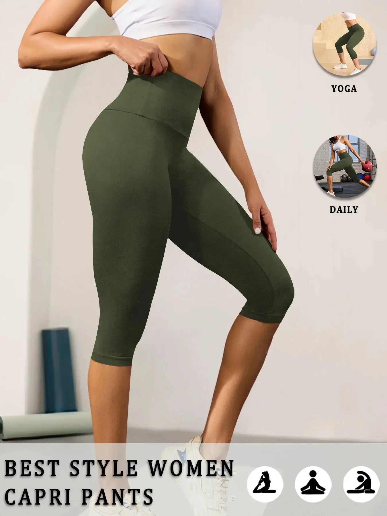 Women’s high-waisted Capri leggings, olive green by Simples Market; tummy control, no see-through.