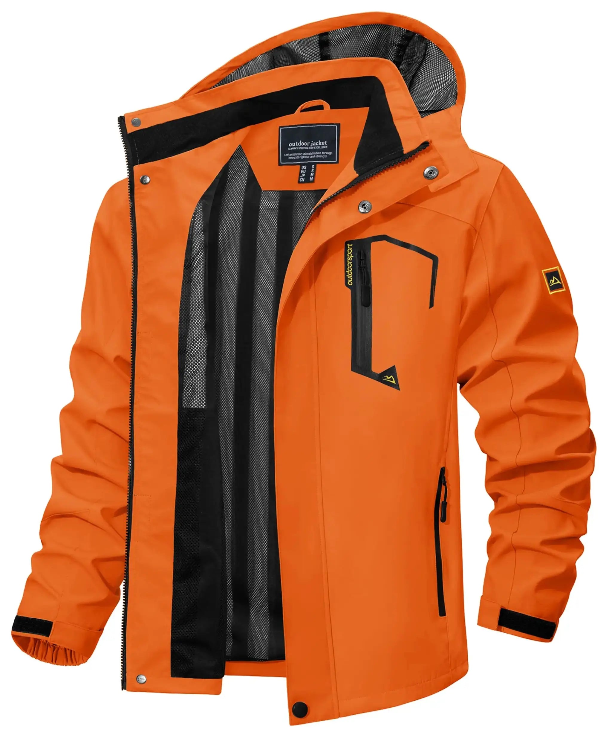 TACVASEN men's orange waterproof rain jacket with mesh-lined interior for outdoor hiking