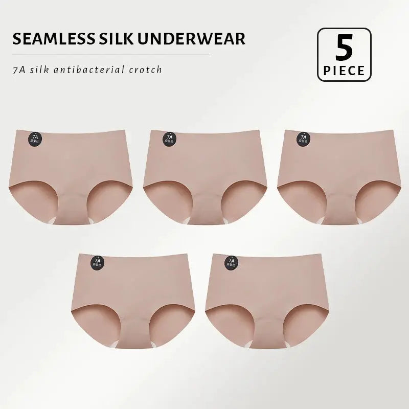 5-piece Simples Market seamless mulberry silk panties set in nude beige, ultra-thin and breathable.