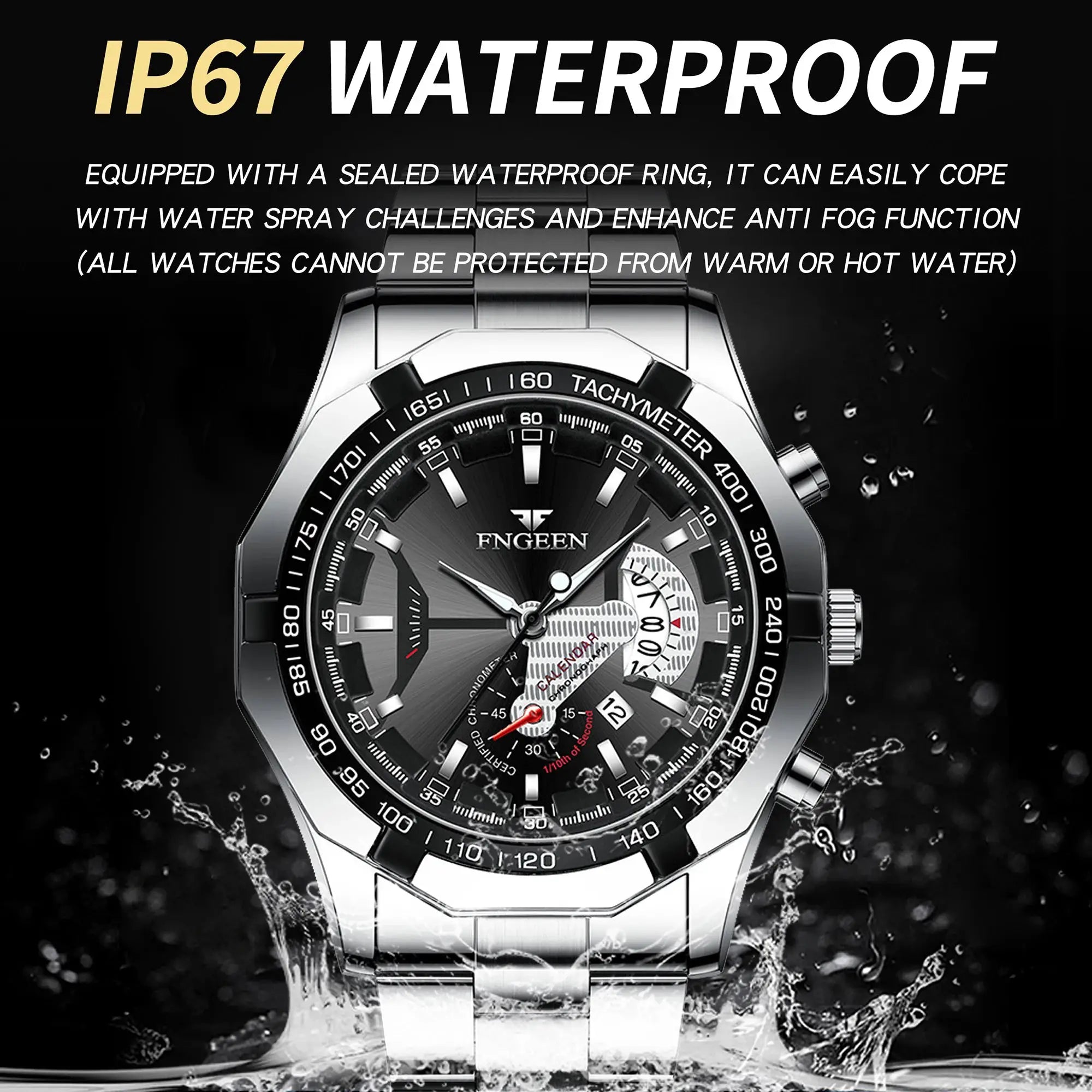 FNGEEN men's stainless steel quartz wristwatch with IP67 waterproof, luminous dial, and tachymeter bezel