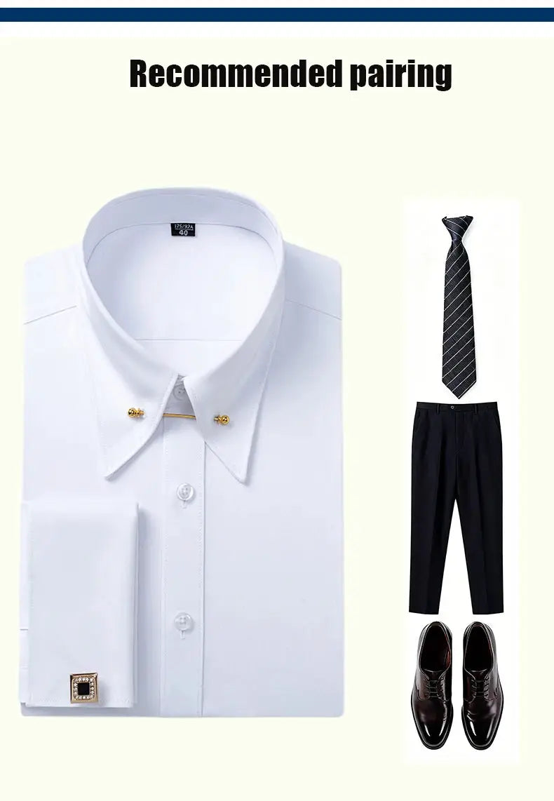 White dress shirt with gold collar pins and cufflinks; includes black striped tie, navy pants, and brown dress shoes