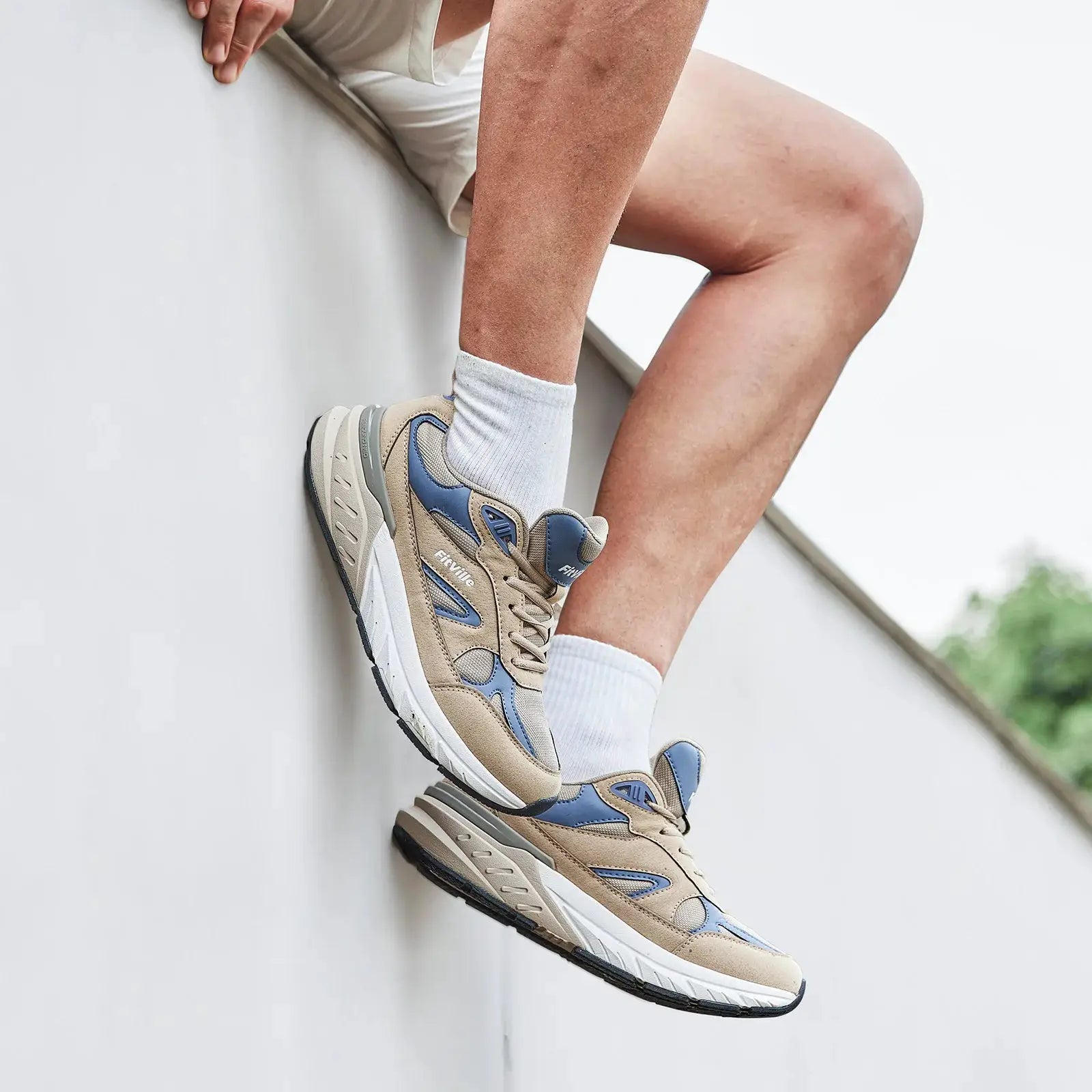 FitVille men's walking sneakers beige with blue accents, wide width