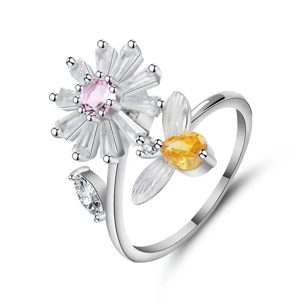 SMJEL Fidget Spinner Ring for Women Crystal Flower Eye Butterfly Animal Motifs Stress Relief Wedding Jewelry