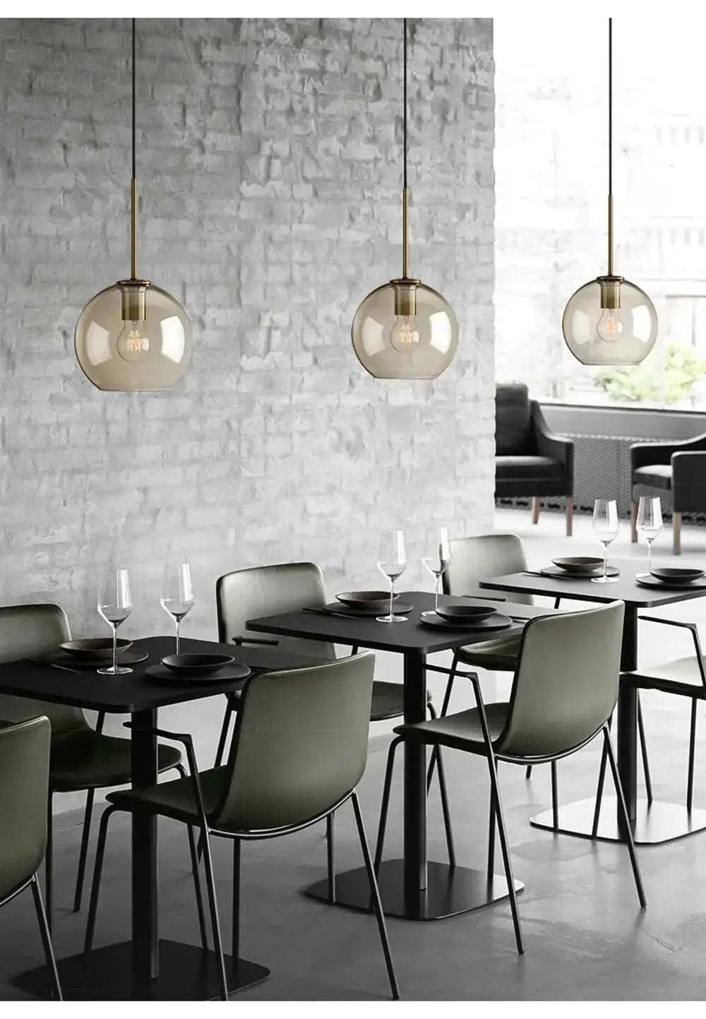 Simples Market Nordic LED glass chandelier; three amber globe pendant lights over a modern dining room.