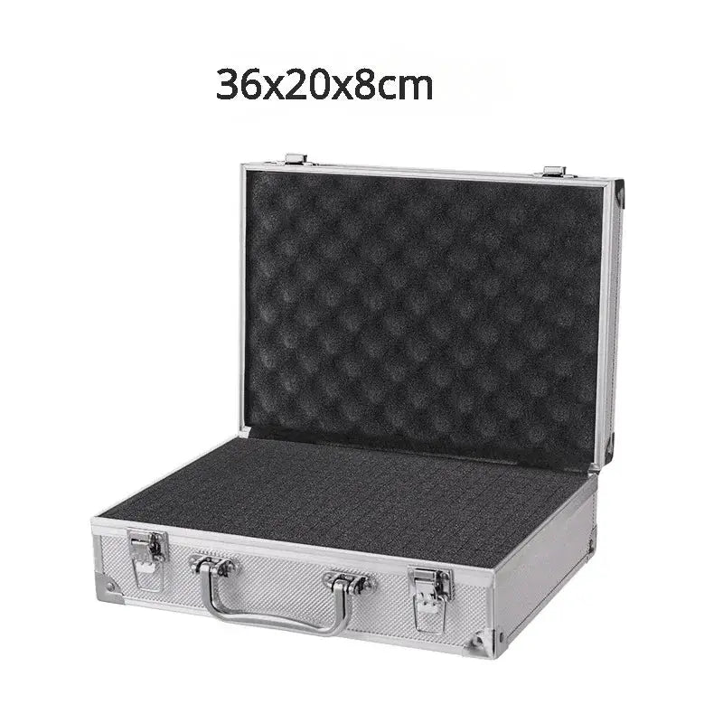 Simples Market aluminum tool organizer case with foam padding, open silver box 36x20x8cm