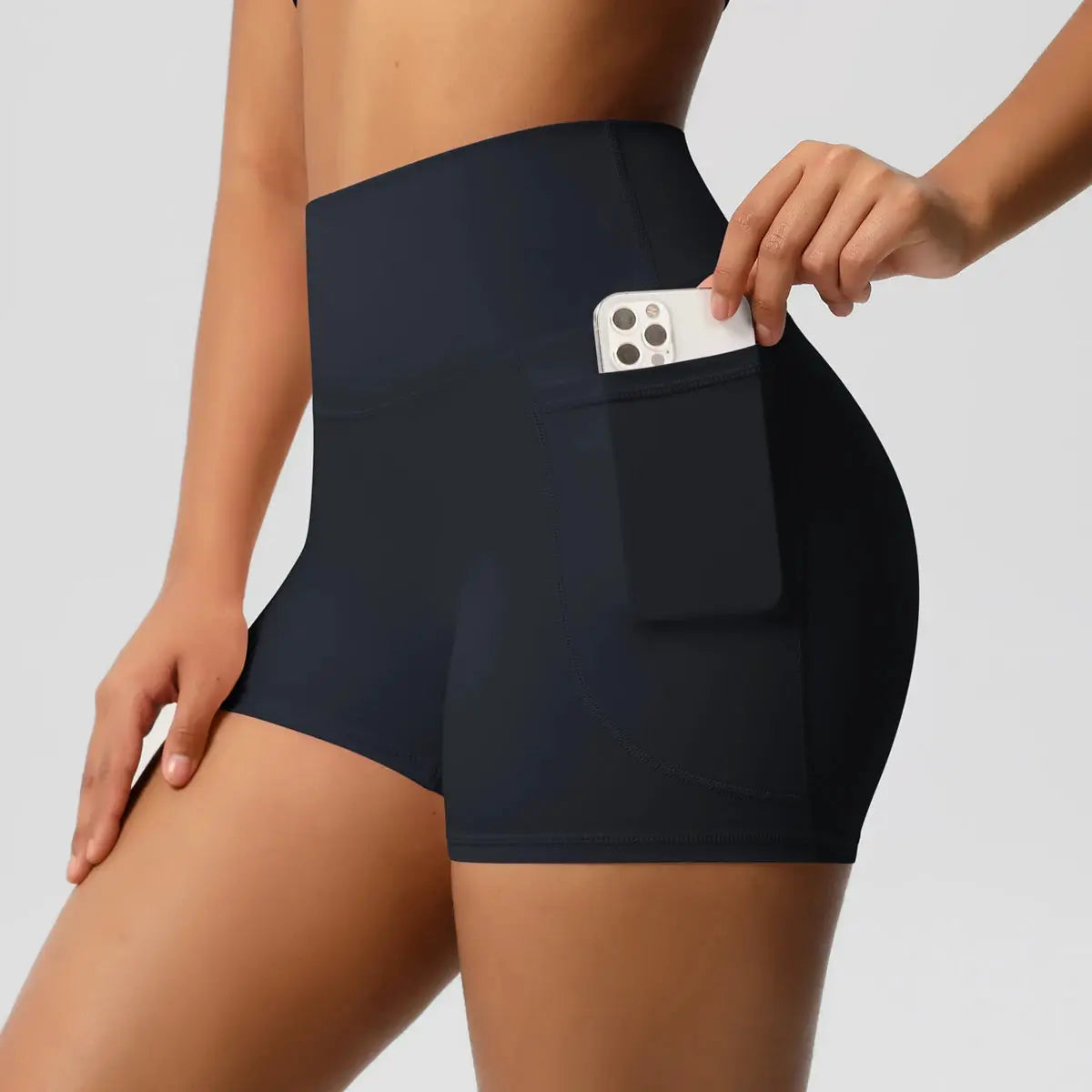 Women high-waist athletic shorts with a phone pocket, squat-proof quick-dry fabric, dark navy