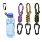 Paracord bottle strap and keychain set, 4-piece with black carabiners in tan, multicolor, and olive.