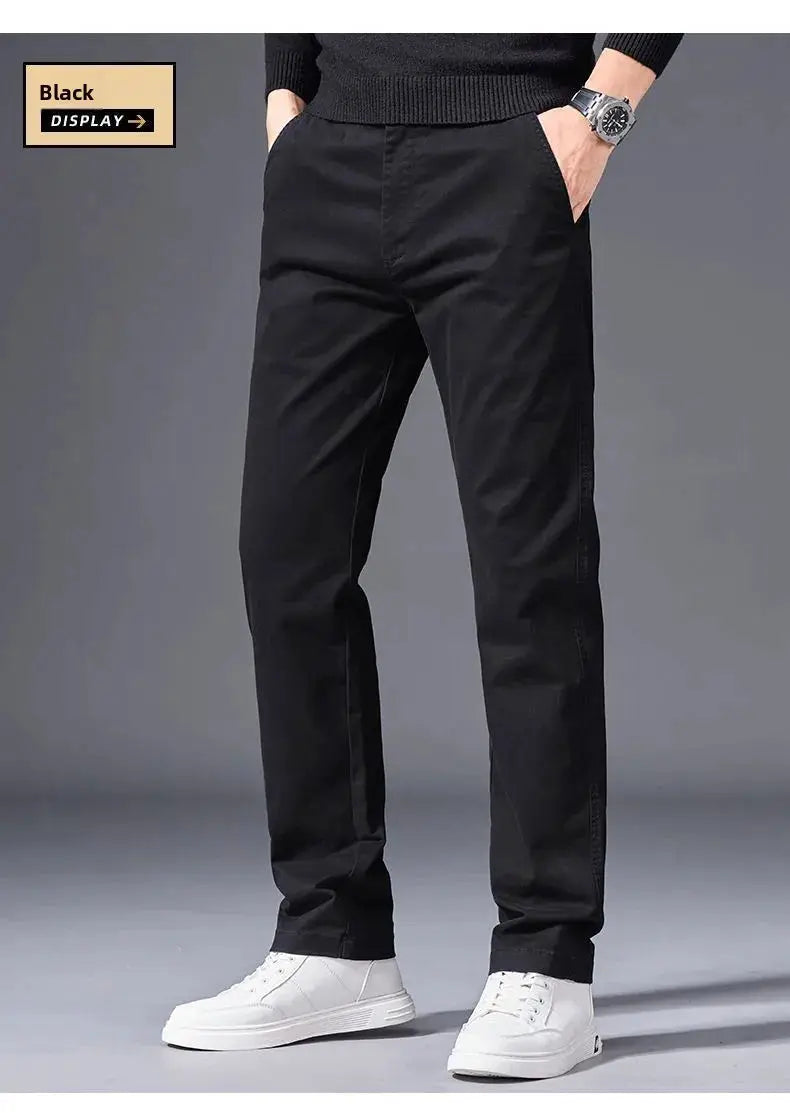 Men's black cotton pants, straight-leg with elastic waist for casual business wear
