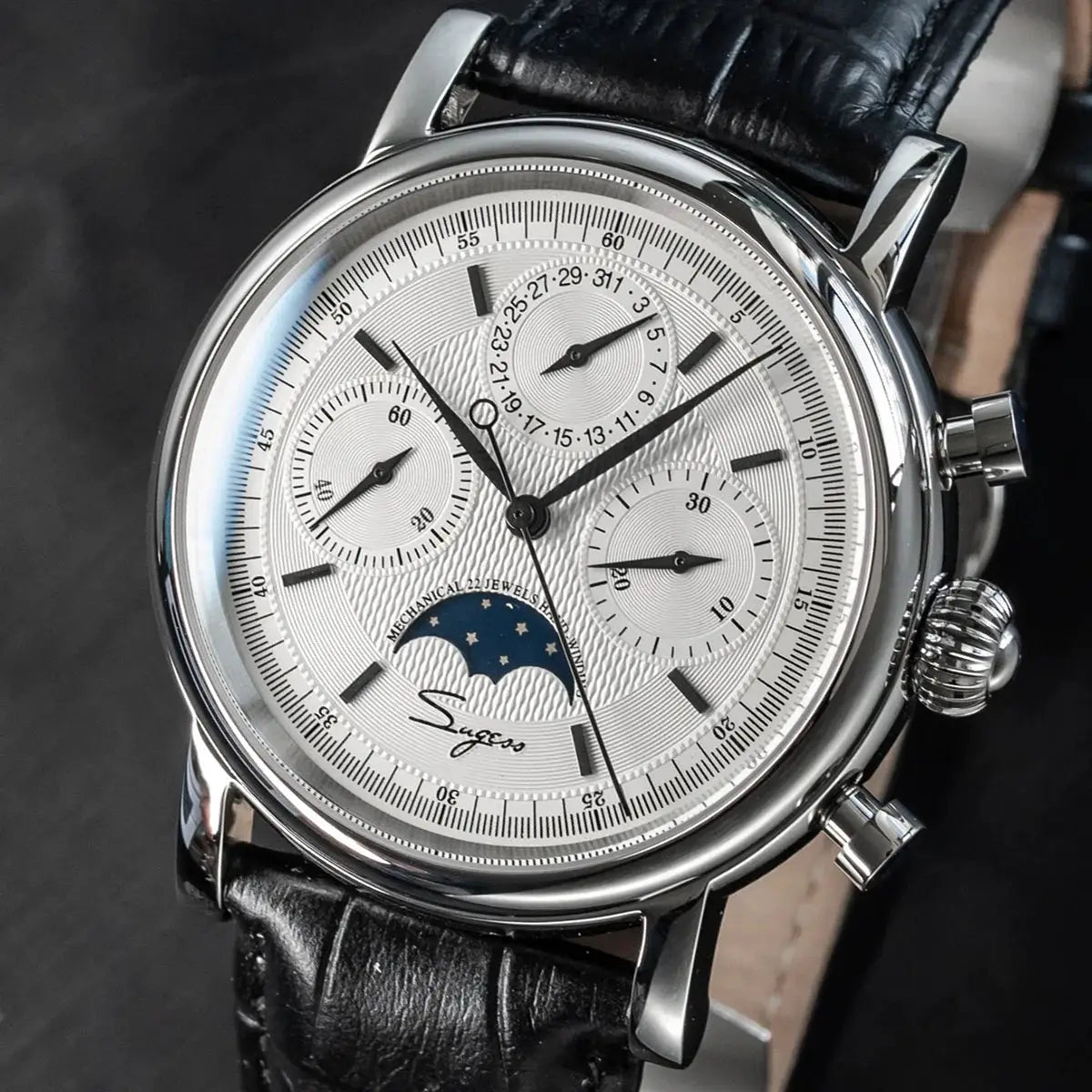 Sugess ST1908 men's mechanical chronograph watch with moonphase and calendar, silver dial, black leather strap