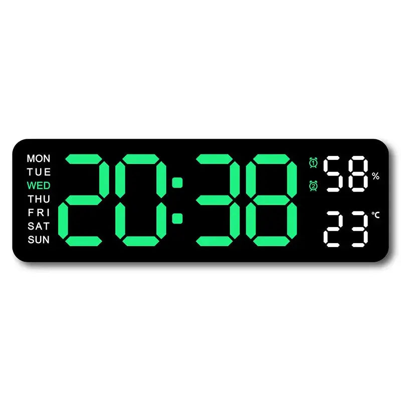 Digital wall clock with black body and green LED digits; USB powered, shows time 20:38, weekday, humidity 58% and 23°C