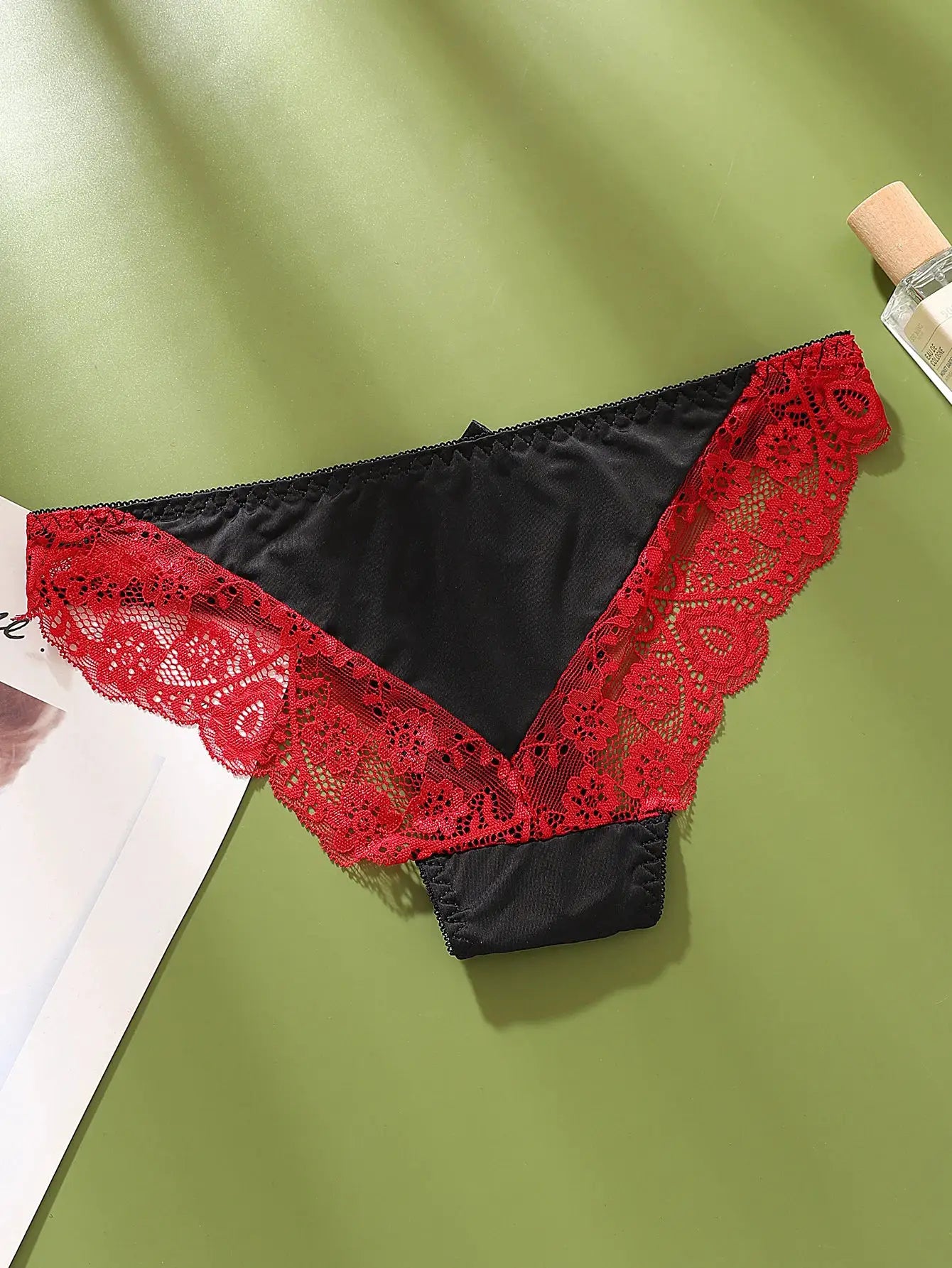 Simples Market women's lace underwear with black satin panel and red lace trim, mid-low rise