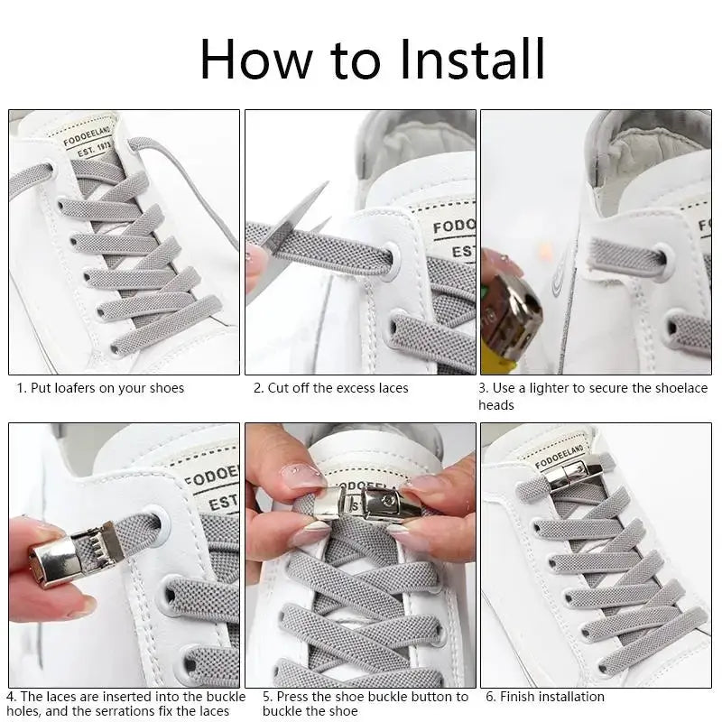 Simples Market press-lock elastic shoelaces; 8mm widened flat gray laces for white sneakers.