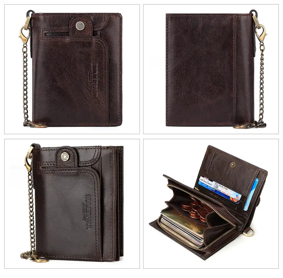 Real leather men's wallet by Simples Market with RFID blocking, brown bifold with zipper coin pocket and anti-theft chain