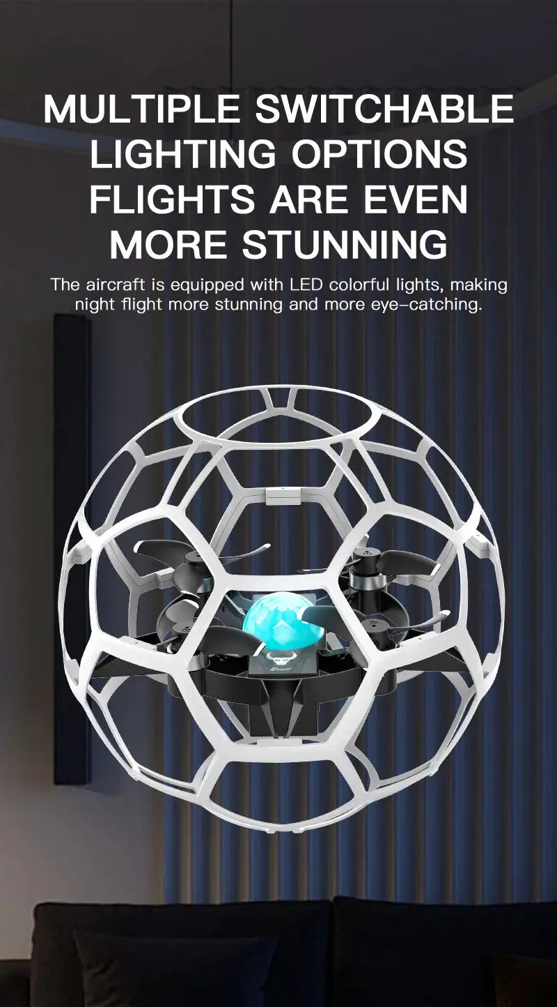 SG600 MAX 2.4G RC football drone by Simples Market with white protective cage and blue LED lights