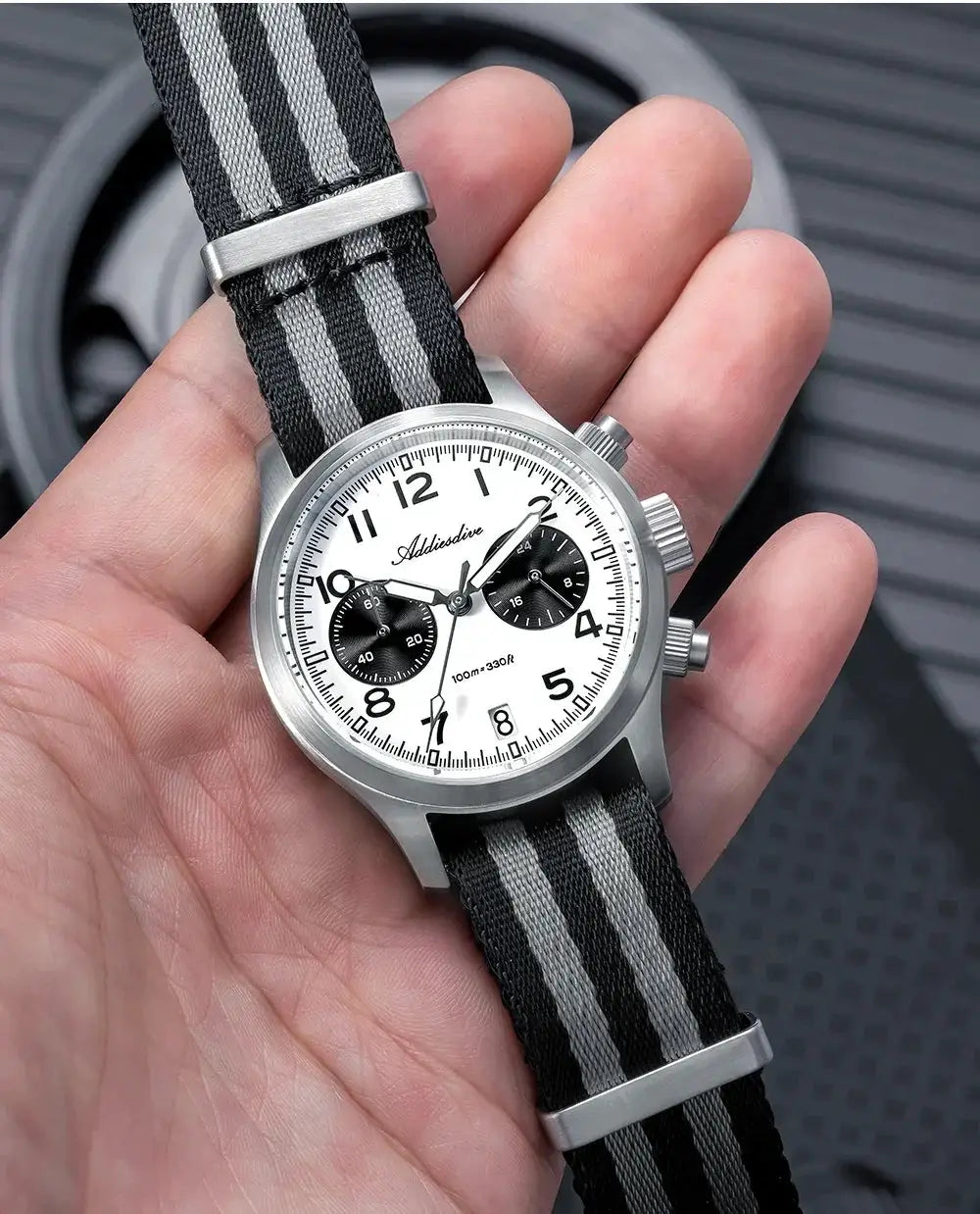 Addiesdive men's watch with white dial, black subdials, stainless steel case, striped black-gray NATO strap