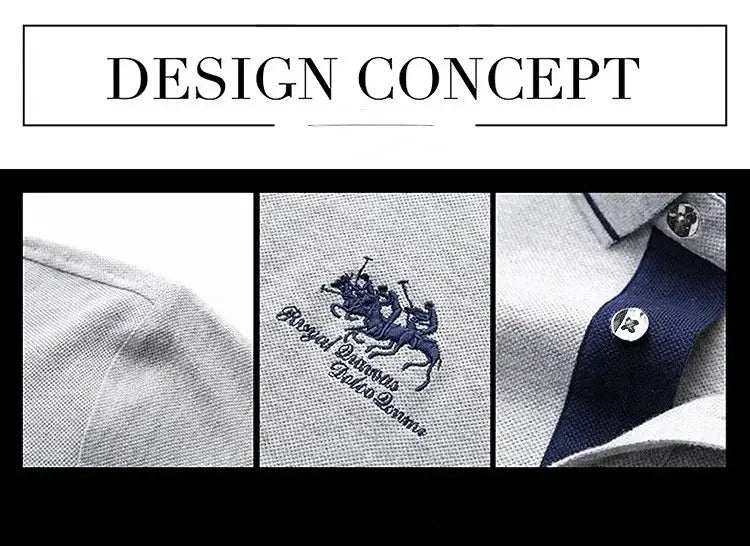 Simples Market men's embroidered polo shirt, light gray knit, short sleeve with navy trim and chest crest embroidery