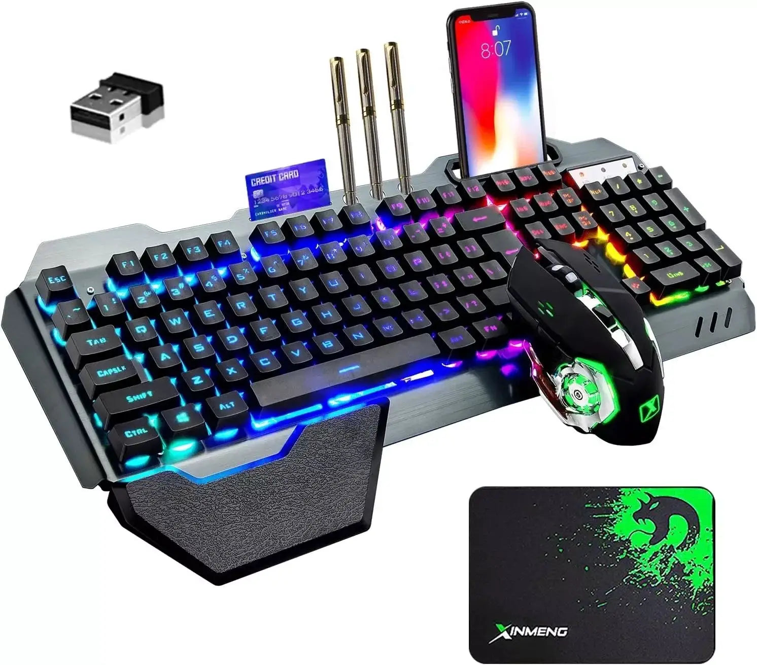 Wireless gaming keyboard and mouse set by Simples Market with RGB backlit keys, 7-color mouse, USB receiver, and pad