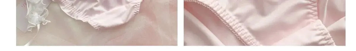 MOYISU Japanese Sweet Lolita bra set in pink with lace trim; close-up of soft satin-like fabric texture.