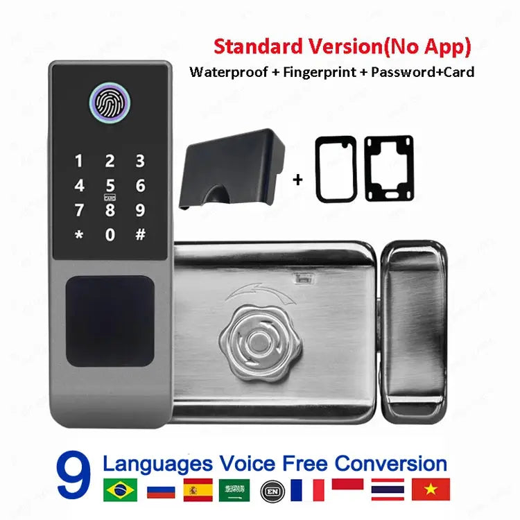 Simples Market smart door lock with Tuya WiFi, fingerprint keypad, stainless steel finish, mounting hardware