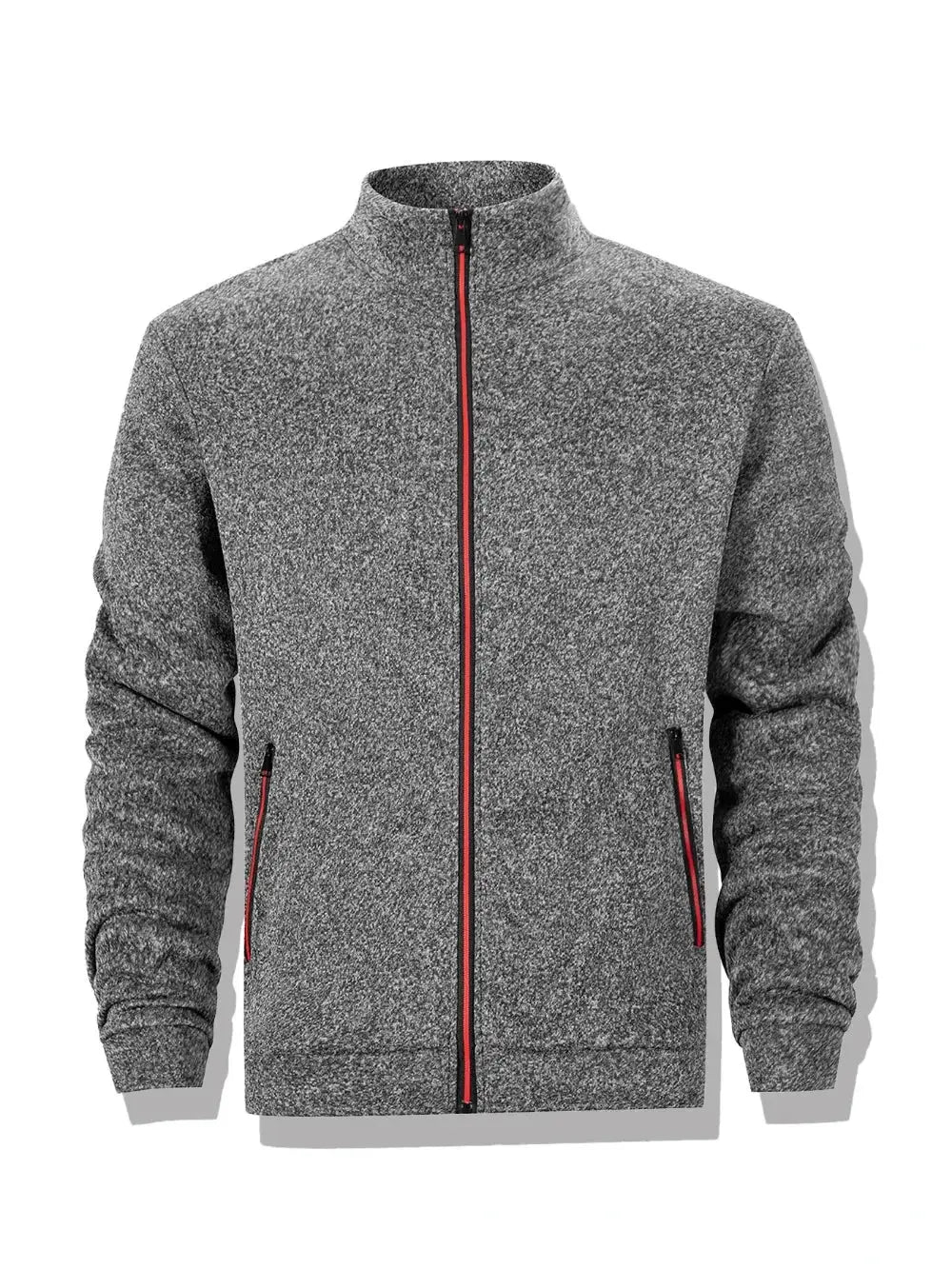 Men's heather grey full-zip jacket with stand collar and red zipper accents