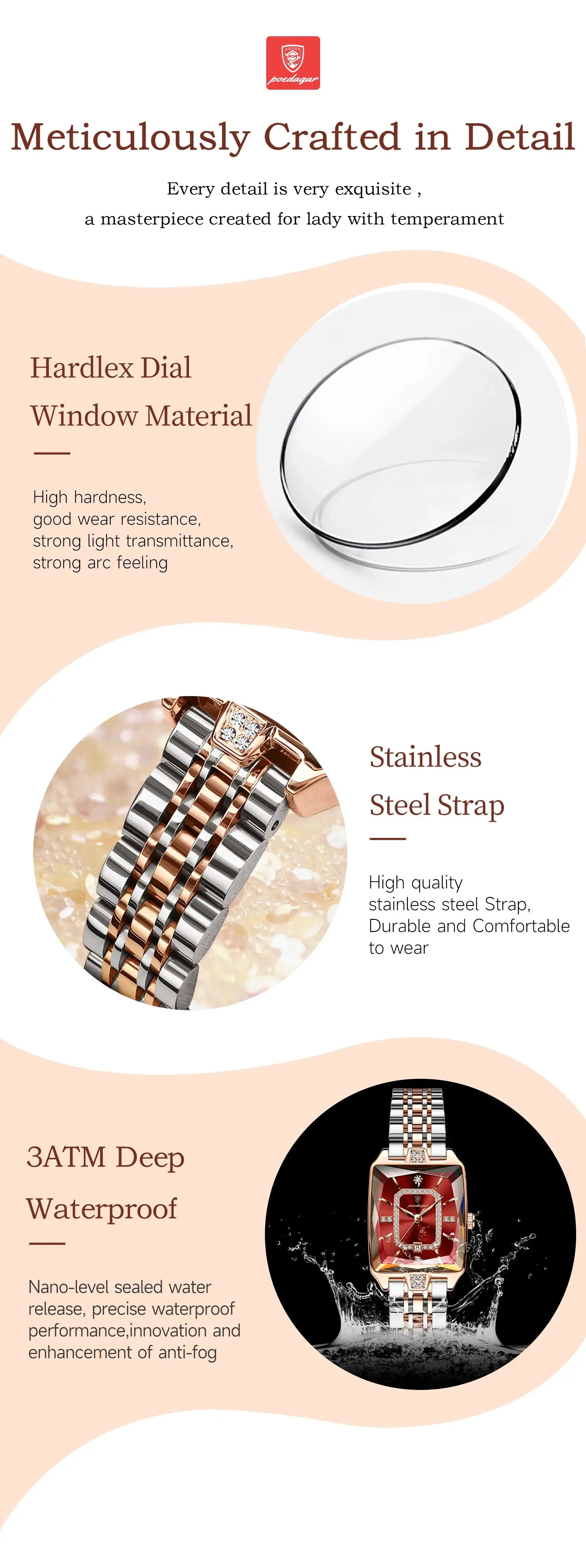 POEDAGAR luxury rectangle women's watch by Simples Market; stainless steel strap, hardlex dial, 3ATM waterproof.
